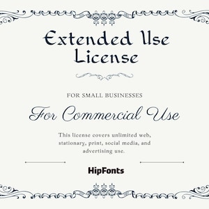 May include: A rectangular document titled Extended Use License for Small Businesses For Commercial Use. The text states this license covers unlimited web, stationary, print, social media, and advertising use. It features a dark blue floral border.