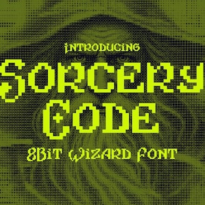 May include: A digital graphic featuring the text INTRODUCING SORCERY CODE 8BIT WIZARD FONT in bright lime green pixelated lettering. The background displays a dark, halftone-style illustration of a bearded wizard wearing a wide-brimmed hat.