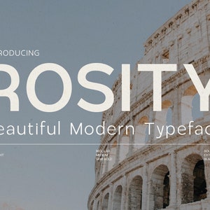 May include: Introducing Rosity, a modern typeface with a clean, minimalist design. The font is shown in white against a background of a stone building with arches. The font is available in a variety of weights, including thin, extra light, light, regular, medium, semi-bold, bold, extra bold, and black.
