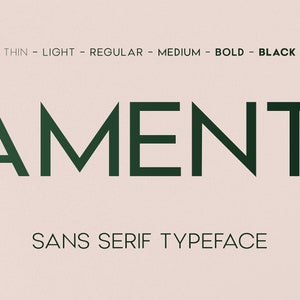 May include: Amenti sans serif typeface in a dark green color. The word "Amenti" is displayed in a bold, geometric font style. The text "Thin - Light - Regular - Medium - Bold - Black" is displayed above the word "Amenti". The text "Sans Serif Typeface" is displayed below the word "Amenti".