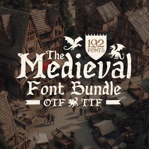 The Old English Font Bundle: majestueuze middeleeuwse, gotische en fantasielettertypen met zwarte letters voor tijdloze ontwerpen. Direct downloaden.