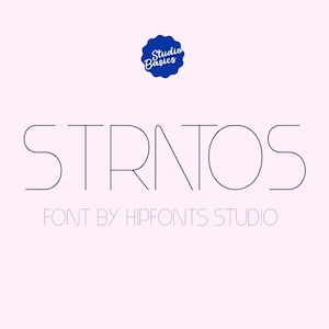May include: A light pink background with the word "STRNTOS" in a thin, dark blue font. Below the word is the text "FONT BY HIPFONTS STUDIO". A dark blue badge with the words "Studio Basics" is at the top.