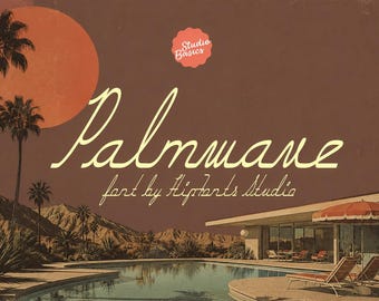 May include: A digital graphic featuring a desert landscape with a swimming pool, palm trees, and a modern house. The text reads Palmwave, font by Hipfonts Studio, and Studio Basics. The colour palette consists of muted brown, orange, and cream tones.