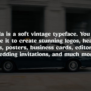 May include: A dark blue vintage car is shown in profile with the following white text overlaid: Rolla is a soft vintage typeface. You can use it to create stunning logos, headlines, posters, business cards, editorials, wedding invitations, and much more.
