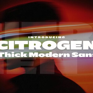 Puede incluir: Presentación de Citrogen, una fuente moderna sans serif gruesa. El texto es blanco sobre un fondo borroso de rojo, naranja y amarillo.