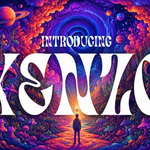 May include: A vibrant, psychedelic digital art piece with the text "INTRODUCING KENZO" in white. The artwork features a person standing on a path leading towards a bright light, surrounded by colorful, fantastical landscapes and celestial bodies.