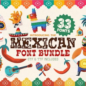 May include: A colorful illustration promoting a Mexican font bundle. The image features a sugar skull, a piñata, a luchador, a rooster, a guitar, maracas, and chili peppers. The text reads "Introducing the Mexican Font Bundle" with "33 Fonts" displayed prominently.