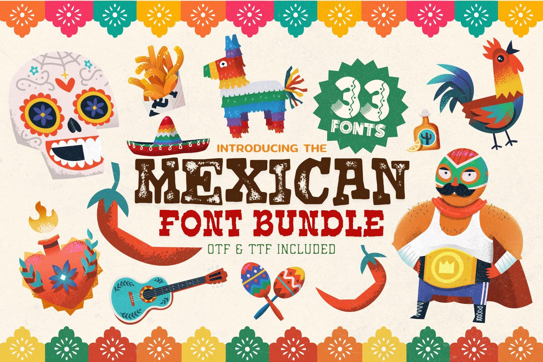 Mexian Lettering Mexican Font Bundle – 33 Handcrafted Fiesta and Western Display Fonts ...