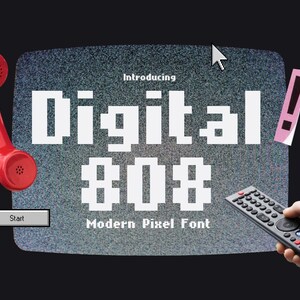 Digital 808: fuente moderna de píxeles con 249 glifos y compatibilidad con 63 idiomas (descarga instantánea).