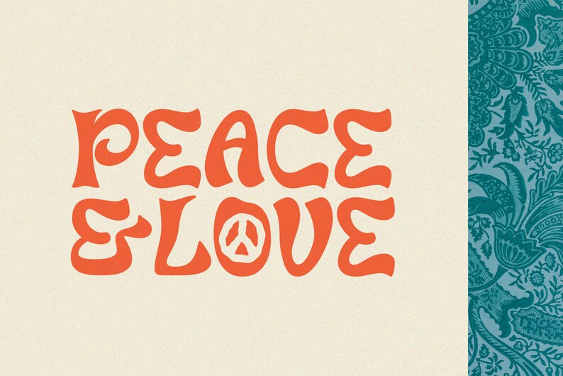 Peut inclure: Peace and Love en style de police r&eacute;tro avec un symbole de paix au milieu du mot "Love". Le texte est en orange sur un fond cr&egrave;me.