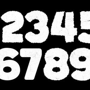 May include: White, textured numbers 1 through 9 are displayed against a black background. The numbers have a rough, almost fluffy appearance, with a slightly distressed texture, giving them a vintage or handmade feel. The numbers are in a sans-serif font.