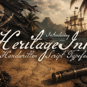 Może przedstawiać: Grafika cyfrowa z tekstem Heritage Ink Handwritten Script Typeface na tle sceny morskiej z flagą z czaszką, starą mapą, mosiężnym kompasem, lunetą i żaglowcem na oceanie podczas zachodu słońca.