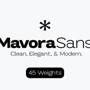 Könnte beinhalten: Schwarzweißes Logo für eine Schriftart namens "Mavora Sans". Das Logo zeigt ein stilisiertes Sternchen und den Schriftnamen in Fettdruck. Der Slogan "Clean, Elegant, & Modern." wird unter dem Schriftnamen angezeigt. Der Text "45 Weights" wird in einem schwarzen Rechteck angezeigt.