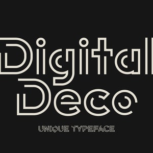 Fuente Digital Deco: El Art Déco de los años 20 se fusiona con el minimalismo moderno. ¡Perfecta para logotipos elegantes, branding y diseño atemporal! Descarga instantánea.