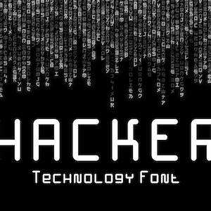 May include: A white text graphic on a black background that reads "HACKER" in a bold, blocky font. Below the word "HACKER" is the text "TECHNOLOGY FONT" in a smaller, less bold font.