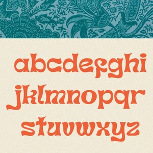Peut inclure: Lettres de l'alphabet en minuscules dans une police orange r&eacute;tro sur un fond cr&egrave;me. Les lettres sont stylis&eacute;es avec des bords arrondis et un aspect fantaisiste.