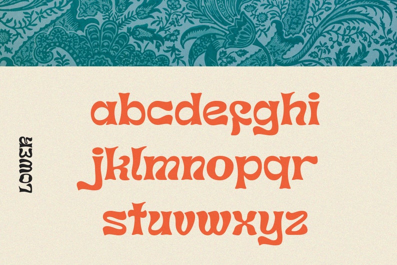Peut inclure: Lettres de l'alphabet en minuscules dans une police orange r&eacute;tro sur un fond cr&egrave;me. Les lettres sont stylis&eacute;es avec des bords arrondis et un aspect fantaisiste.