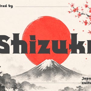 Könnte beinhalten: Ein Grafikdesign mit dem Text Shizuko in fetten schwarzen Buchstaben, zentriert über einem großen roten Kreis und einer Bergillustration. Das Bild enthält eine Pagode links, Kirschblütenzweige rechts und den Text Japanese culture.