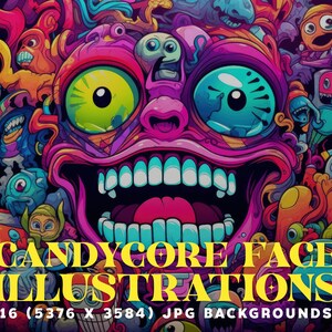 May include: A vibrant digital illustration featuring a large, cartoonish face with wide eyes and a toothy grin, surrounded by colorful, abstract figures. The text "CANDYCORE FACE ILLUSTRATIONS" is displayed in yellow. The image is a JPG background.