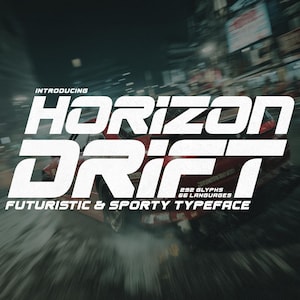 May include: Image of a red car in motion with the text "INTRODUCING HORIZON DRIFT FUTURISTIC & SPORTY TYPEFACE" in white, along with "292 GLYPHS 66 LANGUAGES". The background is blurred, suggesting speed.
