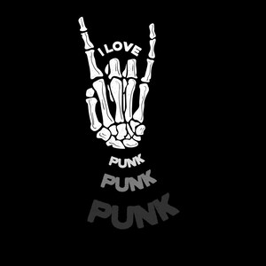 May include: A black graphic with a white skeleton hand making the rock on gesture. The words "I LOVE" are above the hand, and the word "PUNK" is repeated three times below the hand in a gradient effect.