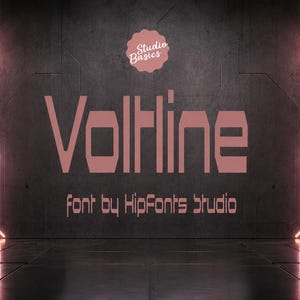 May include: A digital graphic featuring the text Voltline in a bold, stylized font, with the smaller text Studio Basics and font by HipFonts studio below it. The background is a dark, metallic wall with glowing pink neon light accents.