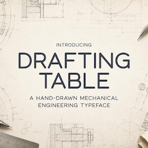 May include: A digital graphic featuring the text INTRODUCING DRAFTING TABLE A HAND-DRAWN MECHANICAL ENGINEERING TYPEFACE in dark grey. The background displays technical engineering blueprints, a metal drafting compass, a pencil, and a ruler.