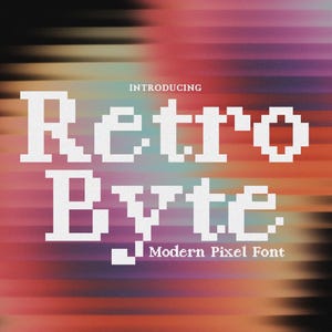 May include: A digital graphic displaying the text "INTRODUCING" in small white letters above the large, bold, white pixelated font text "Retro Byte" and the smaller white text "Modern Pixel Font" set against a blurred, horizontal gradient background.