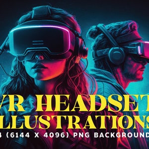 以下が含まれることがあります： ネオンピンクとブルーの照明で照らされたVRヘッドセットを着用した2人のデジタルイラスト。画像には、黄色の「VR HEADSET ILLUSTRATIONS」というテキストと、PNG背景の寸法が含まれています。