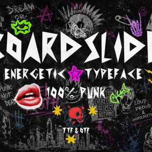 May include: A black and white graphic design featuring the word "BOARDSLIDE" in a bold, angular font. The design includes punk-themed elements like skulls, graffiti, and the text "100% PUNK". The overall theme is energetic and rebellious.