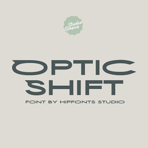 以下が含まれることがあります： 太字のサンセリフフォントで「OPTIC SHIFT」という言葉が書かれたグラフィックデザイン。テキストの下には「FONT BY HIPFONTS STUDIO」と書かれています。上部には小さな薄緑色の円形グラフィックがあります。