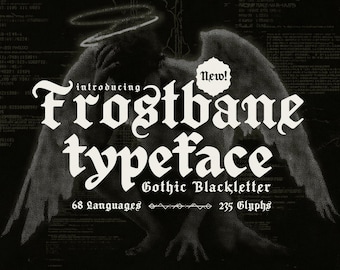 Frostbane – Gotiskt Blackletter-typsnitt från medeltiden. Perfekt för fantasyböcker, kläder, band och varumärkesbyggande. Direkt nedladdning.