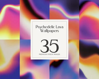 Puede incluir: Una colección de 35 imágenes de stock premium con fondos de pantalla inspirados en lava psicodélica. El diseño presenta una vibrante mezcla de colores, incluyendo rosa, amarillo, naranja y morado, creando una estética fluida y abstracta. Se muestra el texto "Psychedelic Lava Wallpapers" y "35 Premium Stock Images".