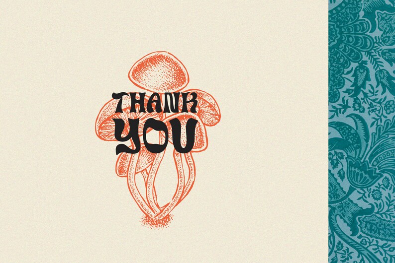 Peut inclure: Une carte de remerciement avec un graphique de champignons orange et le texte "THANK YOU" en noir.