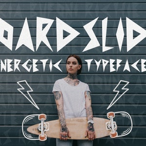 Boardslide: energiek skateboardlettertype | Lightning-lettertype, rock-&#39;n-roll-lettertype, punk-lettertype, Sharp-lettertype, posterlettertype. Direct downloaden.
