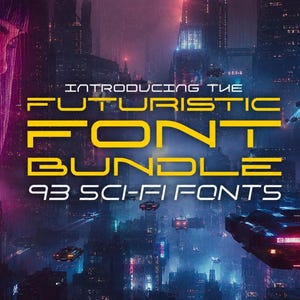 Può includere: Una grafica digitale con il testo INTRODUCING THE FUTURISTIC FONT BUNDLE 93 SCI-FI FONTS in caratteri gialli senza grazie. Lo sfondo mostra un paesaggio urbano scuro illuminato al neon con veicoli volanti e un volto sulla sinistra.