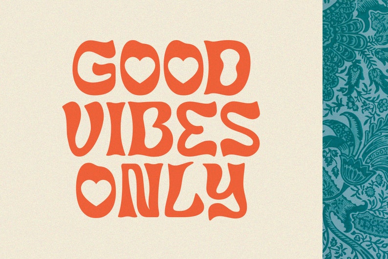 Peut inclure: Graphique orange et blanc avec le texte "Good Vibes Only" dans une police r&eacute;tro. Le mot "Good" a deux petits c&oelig;urs au milieu des lettres.