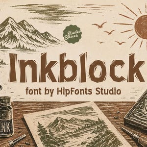 May include: A graphic design featuring the text Inkblock font by HipFonts Studio with a woodcut-style illustration of mountains, pine trees, a sun, and birds. Art supplies including a brayer, an ink bottle, a carving tool, and a leaf-patterned block.