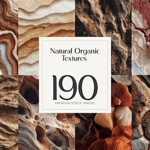 Può includere: Un collage di texture organiche naturali nei toni del marrone, beige e rosso. L'immagine presenta primi piani di pietra, legno e altri materiali organici. Il quadrato centrale mostra il testo "Natural Organic Textures" e "190 Premium Stock Images."