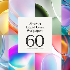 Könnte beinhalten: Eine Collage aus abstrakten Flüssigglas-Hintergründen in verschiedenen Farben, darunter Gelb, Orange, Blau und Lila. Das Bild zeigt ein zentrales Quadrat mit dem Text "Abstract Liquid Glass Wallpapers 60 Premium Stock Images."