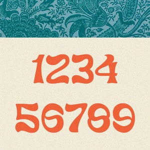 Peut inclure: Un ensemble de chiffres orange dans un style de police r&eacute;tro. Les chiffres sont 1234 et 56789. Le mot "numbers" est &eacute;crit verticalement en noir sur le c&ocirc;t&eacute; gauche de l'image.