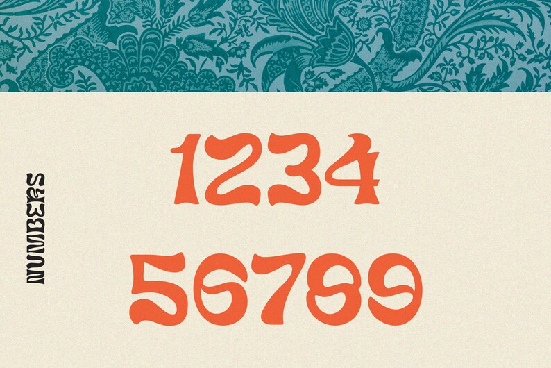 Peut inclure: Un ensemble de chiffres orange dans un style de police r&eacute;tro. Les chiffres sont 1234 et 56789. Le mot "numbers" est &eacute;crit verticalement en noir sur le c&ocirc;t&eacute; gauche de l'image.