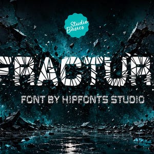 May include: A digital graphic featuring the word FRACTURE in a white, shattered-glass style font. Above it is a teal circular badge reading Studio Basics. Below the main text, the words FONT BY HIPFONTS STUDIO appear against a dark, teal-toned background with debris and cracked textures.