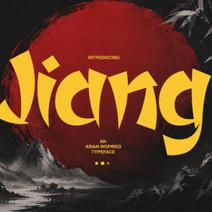 Puede incluir: Un gráfico digital que presenta el texto amarillo Jiang, con el subtítulo Introducing An Asian Inspired Typeface. El fondo muestra un gran círculo rojo, un paisaje montañoso en blanco y negro y tallos de bambú con texto.