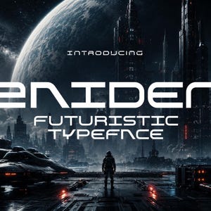 Może przedstawiać: Grafika cyfrowa z tekstem INTRODUCING, 2NIDEN oraz FUTURISTIC TYPEFACE zapisanym białym, bezszeryfowym krojem pisma. Tło przedstawia mroczny, szczegółowy krajobraz miasta science-fiction z wysokimi wieżami, dużą planetą i statkiem kosmicznym.