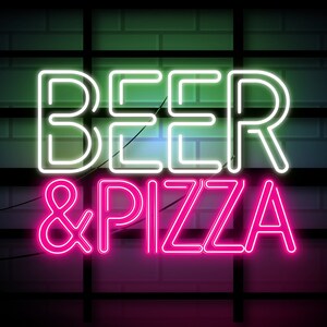 May include: Neon sign with the words "Beer & Pizza" in pink and white. The sign is on a brick wall background.