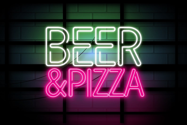 May include: Neon sign with the words "Beer & Pizza" in pink and white. The sign is on a brick wall background.