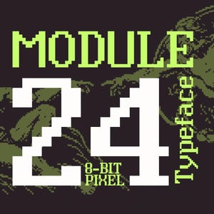 Può includere: Un grafico digitale che presenta il testo MODULE 24 Typeface 8-BIT PIXEL in caratteri pixelati bianchi e verde chiaro. Lo sfondo mostra una rappresentazione artistica pixelata in marrone scuro della Creazione di Adamo con figure verde oliva.