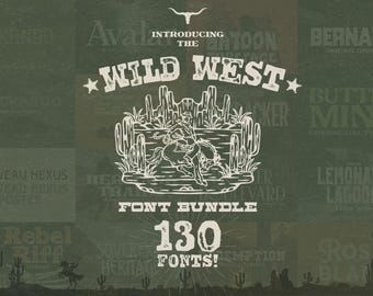 Western Font Bundle | 130 Wild West-Inspired Fonts | Cowboy, Rustic, Saloon, Ranch, and Frontier Designs, Slab Serif | Instant Download
