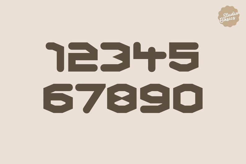 May include: A collection of brown, geometric numbers from 1 to 0, set against a beige backdrop. The numbers feature a bold, blocky design, with a retro aesthetic. The Studio Basics logo is in the upper right corner.